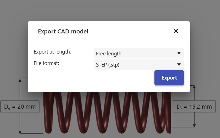 Export CAD model dialog - choose length and file format