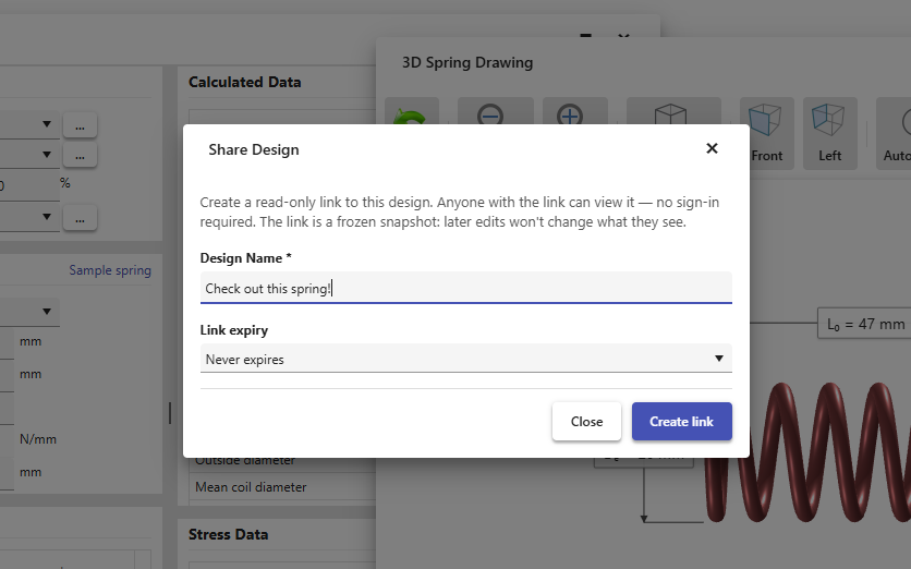 The Share Design dialog - create a read-only link with optional expiry