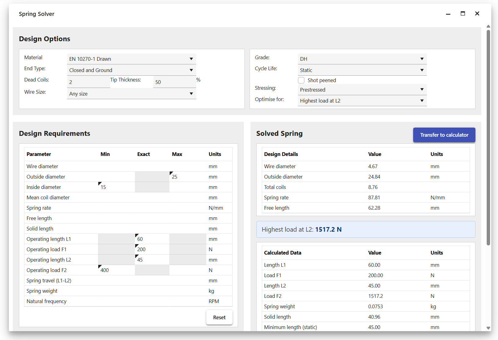 Spring Solver - design requirements entered and a solved spring returned
